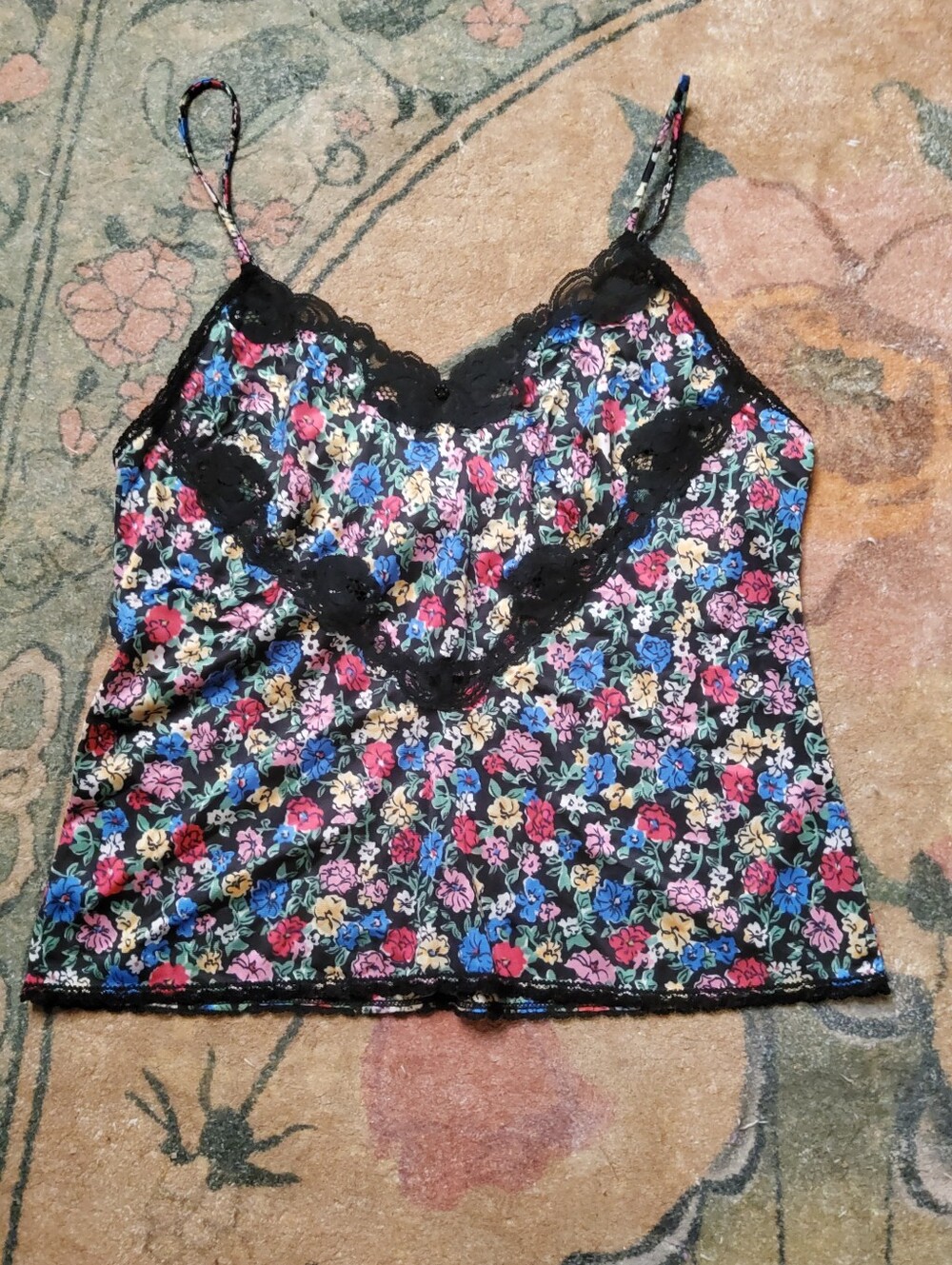 Vintage 1960s Warners Kitchy Floral Lace Trim Cami Tank Top - Black Multi